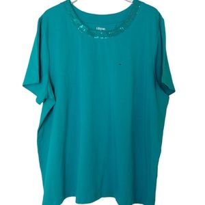 NWOT Liz & Me 2X Teal Green Blue Sequin Short Sleeve Round Neck Blouse Stretchy